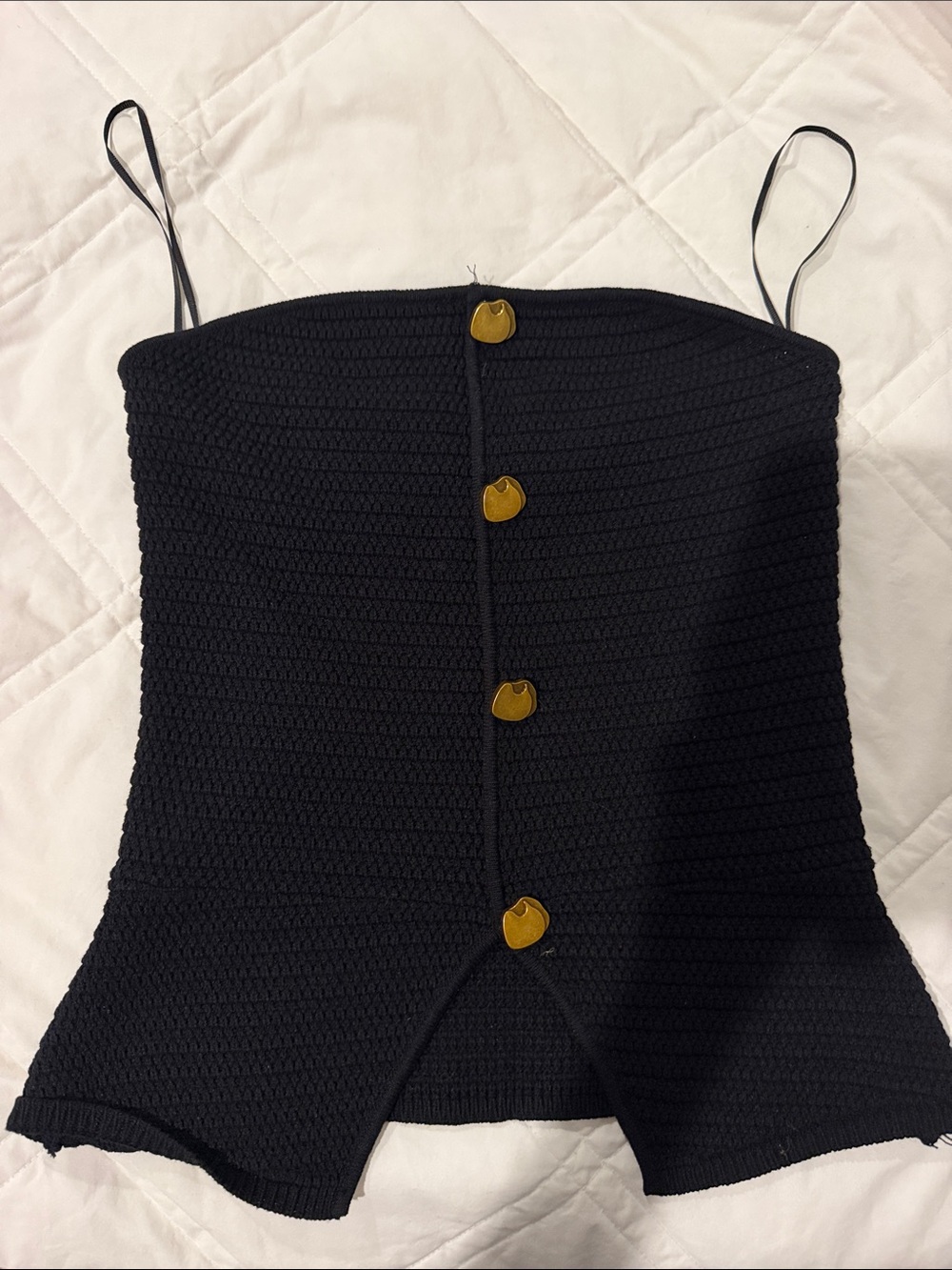 Black Knit Strapless Top with Gold Buttons